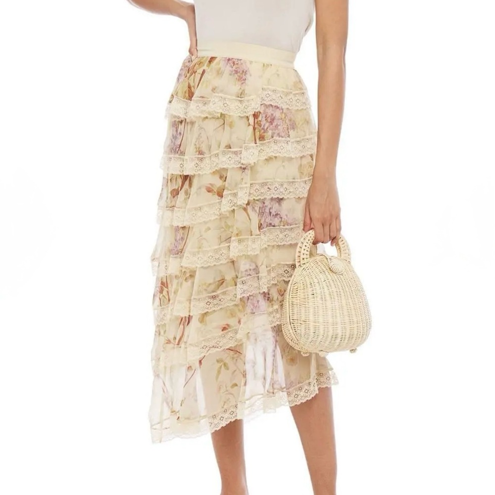 Zimmermann Sabotage Floral Print and Lace Silk Chiffon Tiered Midi Skirt